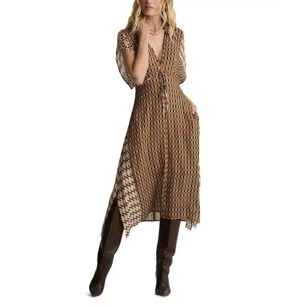 St. John Whitney Mosaic Ecru Cinnamon Multi Geometric Print Midi Dress 12 NWT